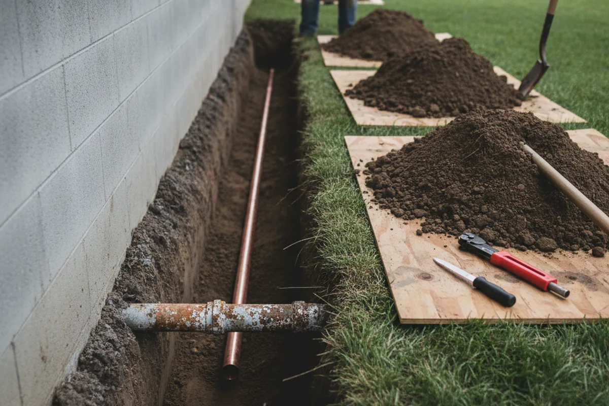 Excavated water line trench during Water Heater Repair in Shellman